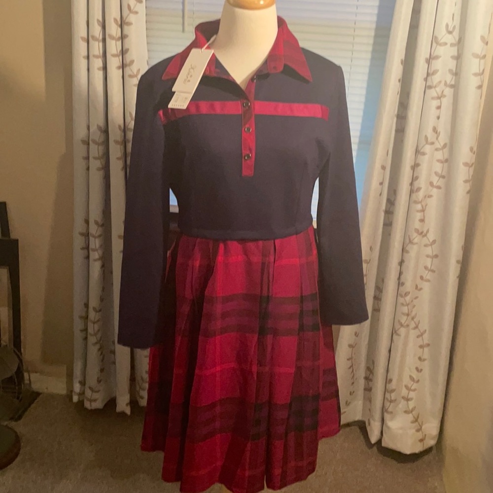 NWT XinRui dress navy & red plaid XL